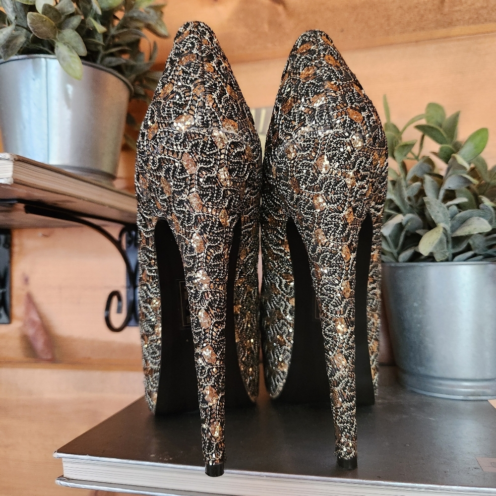 Shoedazzle Shamane Sequin Platform Heels‎ Black Gold Stiletto Suede Pumps Sz 9.5 - Picture 6 of 11